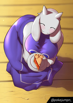 anthro big_breasts big_butt blush breasts butt clothing dress eyelashes eyes_closed fangs female floppy_ears food front_view fur holding_food holding_object holding_plate horn lop_ears pie_(food) pie_slice plate purple_clothing purple_dress solo teeth thick_thighs white_body white_fur white_horn wide_hips pokejumpn undertale_(series) toriel boss_monster_(undertale) bovid caprine goat mammal absurd_res hi_res