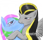 ambiguous_gender black_hair blue_body blush duo female grey_body hair kiss_on_lips kissing multicolored_hair simple_background two_tone_hair white_background wings agge aggerey flightless hasbro my_little_pony mythology cielo_rey fan_character equid equine horse mammal mythological_creature mythological_equine pegasus pony