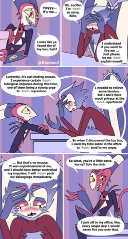 4_eyes 4_fingers anthro back_spines beak black_beak blush bodily_fluids boots bottomwear chair chest_tuft cleavage_cutout clothing coat covering covering_face cutout desk dialogue duo elbows_on_table embarrassed eyebrows feather_hair feather_tuft feathers fingerless_gloves fingers footwear forehead_mark furniture gloves glowing_pupils grey_body grey_feathers handwear heart_(marking) hoot_(sound_effect) horn in_heat inside keyhole_turtleneck male markings multi_eye multicolored_body office office_chair on_chair on_table open_mouth open_smile pants plant plant_pot potted_plant pseudo_hair red_body red_eyes red_sclera sharp_teeth shoes sitting sitting_on_chair sitting_on_table smile speech_bubble spines striped_horn stripes sweat sweatdrop sweater table tail talon_hands teeth text tongue topwear tuft turtleneck wallpaper_(decoration) yellow_sclera yellow_teeth kiaxian2 hellaverse helluva_boss blitzo_(helluva_boss) stolas_(helluva_boss) avian bird demon demon_humanoid horned_humanoid humanoid imp owl owl_demon absurd_res artist_name comic english_text hi_res watermark