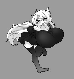 big_breasts bouncing_breasts breasts cleavage clothed clothing female horn huge_breasts humanoid_pointy_ears legwear oversized_clothing oversized_topwear pointy_ears shortstack solo thick_thighs thigh_highs topwear masked-agent miss_kobayashi's_dragon_maid mythology ilulu animal_humanoid dragon dragon_humanoid horned_humanoid humanoid mythological_creature mythological_scalie scalie hi_res monochrome
