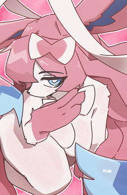 4_fingers accessory anthro anthrofied bangs big_ears biped blue_eyes blush body_blush bow_ribbon breast_blush breasts claws featureless_breasts female fingers front_view fur glistening glistening_eyes hair hair_accessory hair_bow hair_ribbon long_hair looking_at_viewer markings medium_breasts pink_background pink_hair pink_markings ribbons simple_background snout solo thick_thighs thigh_blush white_body white_fur white_sclera kloe_mone nintendo pokemon canid eeveelution generation_6_pokemon mammal pokemon_(species) sylveon hi_res signature