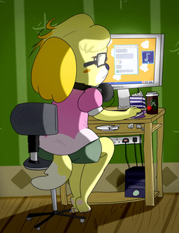 3_toes anthro barefoot bent_leg black_eyewear black_glasses blonde_hair bottomwear chair clothed clothed_anthro clothed_female clothing coffee_cup computer_monitor computer_mouse container crumbs cup cutlery dipstick_tail electronics eyewear feet female floor floppy_ears fork fully_clothed fully_clothed_anthro fully_clothed_female fur furniture glasses green_bottomwear green_clothing green_skirt green_wall hair headphones headphones_around_neck inside kitchen_utensils light looking_at_viewer looking_back looking_back_at_viewer lop_ears markings messy_hair mousepad on_chair orange_ears outlet pawpads pink_clothing pink_pawpads pink_shirt pink_topwear plate rectangular_glasses shirt sitting sitting_on_chair skirt solo tail tail_markings tissue tissue_box toes tools topwear two_tone_tail wall_(structure) white_tail_tip wood wood_floor yellow_body yellow_fur yellow_tail cookieboy011 animal_crossing nintendo isabelle_(animal_crossing) canid canine canis domestic_dog mammal shih_tzu toy_dog 2018 colored digital_drawing_(artwork) digital_media_(artwork) english_description hi_res lighting shaded