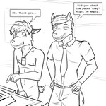 1:1 anthro belt black_and_white bottomwear canid clothed clothed/nude clothed_male clothing collared_shirt comic covering covering_crotch dialogue duo embarrassed english_text fully_clothed fuze hands_on_hips hi_res lanyard male mammal monochrome navel necktie nipples nude office pants text