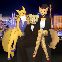 anthro black_tie_(suit) blonde_hair blue_eyes blurred_background bow_tie clothing eiffel_tower female femboy fishnet_clothing fishnet_legwear fluffy fluffy_tail footwear fur furniture green_eyes group hair high_heels las_vegas legwear leotard looking_at_viewer male photo_background plantigrade red_eyes shoes sitting sofa sparkles suit tail trio yellow_body yellow_fur alduinred bandai_namco digimon esc_the_fox canid canine digimon_(species) felid fox mammal renamon 1:1 hi_res photography_(artwork)