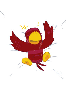 3_toes beak bedding bedding_background blush bodily_fluids dakimakura feathers feet feral lying male nude null_bulge on_back open_mouth red_body red_feathers red_tail solo sweat tail toes yellow_beak pawplants wuppo denksnavel avian bird 2021 digital_media_(artwork) hi_res