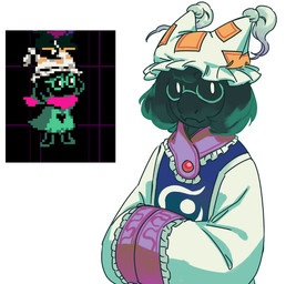 anthro biped black_body black_fur clothed clothing cosplay cute_fangs eyewear fangs floppy_ears fluffy fur glasses looking_at_viewer male male_anthro pupils robe scarf simple_background snout solo teeth three-quarter_view wearing_glasses white_background white_pupils speargsun deltarune touhou undertale_(series) ralsei ran_yakumo bovid caprine darkner goat mammal 2026 crossover digital_drawing_(artwork) digital_media_(artwork) english_description half-length_portrait portrait reference_image