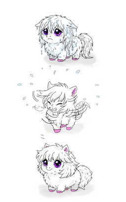 ambiguous_feral ambiguous_gender bodily_fluids droplets drying eyes_closed feral fluffy fur happy hooves motion_lines mouth_closed pink_hooves pink_inner_ear purple_eyes sad shaking_head smile smiling_at_viewer solo standing tail tears teeth water wet wet_body wet_fur white_body white_fur white_tail young young_ambiguous young_feral sorrystickpro fluffy_pony fluffy_pony_(species) mammal 2026 5:8 absurd_res digital_media_(artwork) hi_res sequence shaded