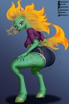 anthro anthrofied big_butt bottomwear breasts breath_powers butt clothing colored_nails elemental_manipulation eyelashes female fire fire_breathing fire_heart fire_manipulation flaming_hair flaming_tail green_body green_skin hair heart_symbol hooves jewelry nails pseudo_hair purple_nails red_eyes shirt shorts side_boob smile solo tail topwear twerking unguligrade jrainnart asian_mythology chinese_mythology east_asian_mythology mythology them's_fightin'_herds tianhuo_(tfh) dragon longma mythological_creature mythological_equine mythological_scalie scalie absurd_res digital_media_(artwork) hi_res signature