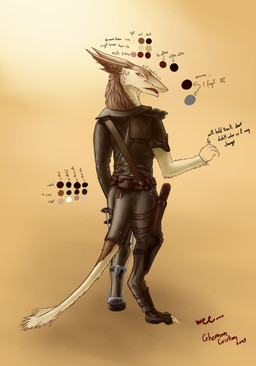anthro brown_eyes clothed clothing disability looking_at_viewer looking_back looking_back_at_viewer male rear_view solo tail text unknown_artist mammal sergal 2010 absurd_res english_text hi_res model_sheet