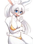 anthro big_breasts bikini blue_eyes blush breasts cleavage clothed clothing eyewear female fur glasses gold_bikini hair long_ears long_hair open_mouth ponytail rectangular_glasses simple_background solo swimwear two-piece_swimsuit white_background white_body white_fur white_hair sookmo lagomorph leporid mammal rabbit absurd_res hi_res