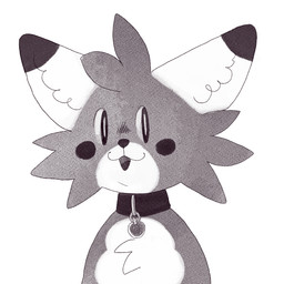 :3 ambiguous_gender anthro blush cheek_tuft chest_tuft collar facial_tuft fur head_tuft inner_ear_fluff open_mouth open_smile pupils slit_pupils smile solo triangle_nose tuft white_pupils plentyofsoup strawberry_milkshake_(plentyofsoup) canid canine fox mammal 1:1 headshot_portrait monochrome portrait