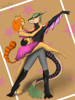 anthro ballet black_body blue_eyes bottomwear clothed clothing dancewear dancing duo female fur glowing glowing_body hair horn legwear male male/female orange_body orange_fur pink_bottomwear pink_clothing skirt smile tail teeth topwear tutu wings superplus ark_survival_(series) mythology kustrin domestic_cat dragon felid feline felis mammal managarmr mythological_creature mythological_scalie scalie 3:4 digital_media_(artwork) hi_res