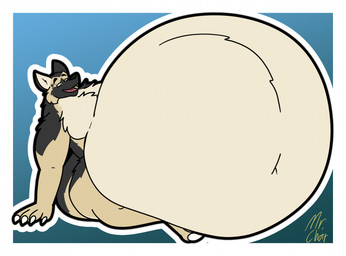 after_vore belly big_belly black_body black_fur blue_background claws fur huge_belly male mass_vore multiple_prey simple_background tan_body tan_legs vore white_background white_belly white_claws mr._charmeleon canid canine canis domestic_dog german_shepherd herding_dog mammal pastoral_dog 2026 hi_res
