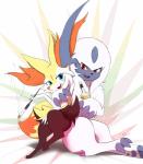 ambiguous_gender anthro beverage blush bottle claws container cross-popping_vein dipstick_tail duo fur markings multicolored_tail open_mouth semi-anthro tail tail_markings tongue white_body white_fur yellow_body yellow_fur eryz nintendo pokemon absol braixen generation_3_pokemon generation_6_pokemon pokemon_(species) absurd_res hi_res