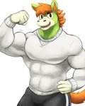 abs anthro biceps clothed clothing fur green_body green_fur hair looking_at_viewer male muscular muscular_anthro muscular_male orange_hair orange_tail pecs simple_background solo tail triceps white_background geodani animal_crossing nintendo buck_(animal_crossing) equid equine horse mammal hi_res