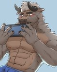 4_fingers abs anthro arm_tuft athletic biceps blush blush_lines body_tuft bottomwear brown_body brown_fur brown_nose cellphone chest_tuft clothed clothing electronics fingers fur grey_background hair head_tuft holding_object horn light_hair looking_at_screen looking_pleasured male muscular muscular_anthro muscular_male neck_tuft nipples orange_eyes pecs phone simple_background smartphone solo square_eyes topless tuft underwear furrdoggo bovid bovine cattle mammal digital_media_(artwork) hi_res