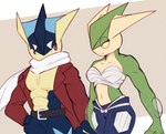 anthro athletic_tape blue_body bottomwear clothing duo female green_body male male/female muscular muscular_male pants scarf smile smiling_at_another smiling_at_partner walking xael_the_artist nintendo pokemon amphibian frog generation_6_pokemon greninja pokemon_(species) hi_res