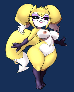 accessory anthro areola black_body black_fur blue_eyes bodysuit boots breasts cleavage cleavage_cutout clothed clothing crop_top cutout eyeshadow female footwear fur furgonomics genitals grin horn jewelry makeup markings nipples purple_eyes ring shirt shoes shortstack skinsuit smile solo tail tail_accessory tail_jewelry tail_ring tight_clothing topwear vulva white_body white_fur wristband yellow_body yellow_fur furball bandai_namco digimon sega sonic_the_hedgehog_(series) renimpmon renimpmon_x canid canine demon digimon_(species) fox imp mammal hi_res