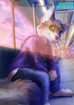 anthro blue_clothing cheek_tuft clothing cloud elbow_on_knee electronics evening facial_tuft feet fingers fluffy fluffy_tail fur green_eyes grey_body grey_fur inner_ear_fluff light looking_away male monitor monitors paws purple_clothing seat sitting sky smile solo sunlight tail teeth toes train tuft vehicle white_body white_clothing white_fur corbin_(roscy) canid canine canis mammal wolf hi_res