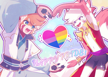 anthro biped bisexual_pride_colors black_nose bottomwear claws clothed clothing dipstick_tail duo eye_contact eyebrows fluffy gesture hair heart_gesture heart_symbol jacket kemono lgbt_pride looking_at_another male markings navel open_mouth pawpads pride_colors pupils red_body red_hair red_markings short_hair shorts standing tail tail_markings teeth text tongue topwear unusual_pupils white_body white_hair sunnynoga lgbt_pride_month ailurid mammal mustelid red_panda 2025 english_text