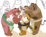 anthro asian_clothing belly big_belly blush brown_body clothing east_asian_clothing group japanese_clothing kemono male male/male mawashi moobs overweight overweight_male sumo sumo_wrestler hon55728 bear felid mammal pantherine suid suine sus_(pig) tiger wild_boar 2024 hi_res