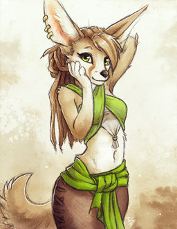 anthro black_nose breasts brown_hair clothed clothing dreadlocks ear_piercing eyebrows eyelashes female fur green_eyes hair hand_behind_head hand_on_face long_hair looking_at_viewer midriff navel partially_clothed piercing raised_arm smile solo standing tan_body tan_fur noviraine canid canine fennec_fox fox mammal true_fox 2017 portrait three-quarter_portrait