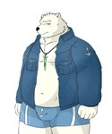 anthro belly big_belly black_nose blue_eyes bulge clothed clothing humanoid_hands kemono male open_clothing open_shirt open_topwear overweight overweight_male shirt simple_background solo topwear underwear white_background white_body mtflying30371 bear mammal polar_bear ursine 2017 5:6 hi_res