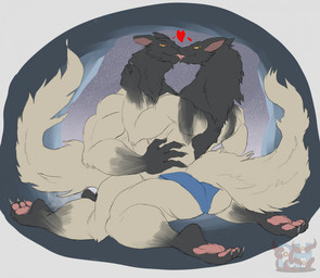 anthro anthro_on_anthro barazoku biceps black_body black_fur blue_clothing blue_underwear claws clothing duo ears_back fangs fluffy fluffy_tail fur gloves_(marking) heart_symbol holding_each_other kissing kneeling leg_markings licking licking_tongue looking_at_viewer male male/male markings multicolored_body multicolored_fur muscular muscular_anthro muscular_male no_sclera pawpads pivoted_ears pupils simple_background slit_pupils socks_(marking) tail tan_body tan_fur teeth toe_claws tongue triceps underwear yellow_eyes daikuhiroshiama capcom monster_hunter fanged_wyvern wulg 2025 hi_res