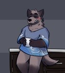 anthro biped black_nose blush clothing container cup eyes_closed humanoid_hands inside shirt solo topwear orbitpaws password_(visual_novel) dave_(password) hyena mammal striped_hyena 2021 hi_res