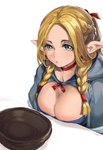 blonde_hair bowl braided_hair braided_pigtails breasts cape cleavage clothed clothing container female green_eyes hair humanoid_pointy_ears not_furry pigtails simple_background solo white_background mamimi_(artist) delicious_in_dungeon marcille_donato elf humanoid 2020 absurd_res hi_res