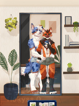 anthro bulge cellphone clothed clothing duo electronics genitals grabbing_partner grabbing_waist hand_in_underwear male male/male mirror penis penis_grab petting phone smartphone underwear underwear_only flokyss canid canine mammal 3:4 hi_res