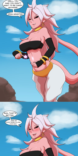 belly big_belly black_nails black_sclera blush bracelet breasts clothed clothing cloud colored_nails dialogue ear_piercing ear_ring female female_pred hair hoop_ear_ring humanoid_pointy_ears jewelry long_hair nails navel not_furry open_mouth piercing pink_body pointy_ears red_eyes ring_piercing sky smile speech_bubble text vore white_hair starcrossing dragon_ball dragon_ball_fighterz android_21 majin_android_21 humanoid english_text hi_res