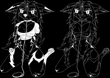 ahoge anthro arm_tattoo belly biohazard_symbol bodily_fluids breasts clothed clothing collar crop_top ear_cuff ear_piercing ear_tunnel ears_down facial_piercing facial_tattoo feet female front_view fur genital_fluids genitals hair hazard_symbol leash long_hair looking_at_viewer navel nipple_outline partially_clothed pawpads paws piercing pivoted_ears shirt simple_background sitting smile snout solo symbol tail tattoo topwear vulva narezka naria_(narezka) canid canine fox mammal digital_media_(artwork) monochrome pixel_(artwork) sketch