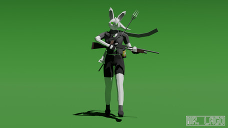 anthro black_bottomwear black_clothing black_footwear black_shoes black_shorts bottomwear clothing footwear fur green_background green_eyes grey_clothing grey_footwear grey_jacket grey_scarf grey_socks grey_topwear gun hair handgun jacket looking_at_viewer low_poly luger male melee_weapon pistol polearm ponytail ranged_weapon scarf shoes shorts shotgun simple_background socks solo spear topwear weapon white_body white_fur mr._lago clover_(mr._lago) lagomorph leporid mammal rabbit 3d_(artwork) blender_(artwork) blender_cycles_(artwork) digital_media_(artwork) watermark
