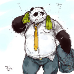 anthro belly black_body black_fur black_nose bodily_fluids bottomwear clothing fur kemono male necktie outside overweight overweight_male pants shirt solo sweat topwear towel white_body white_fur conoji bear giant_panda mammal 1:1 2015
