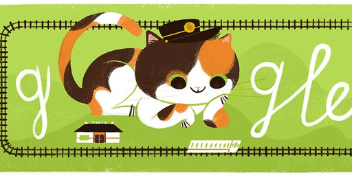 abstract_background ambiguous_gender building calico_pattern clothing feral fur googie_aesthetic green_eyes hat headgear headwear kepi multicolored_body multicolored_fur paws public_transportation rail_transit railway_track solo tail text train_car train_station uniform vehicle wearing_hat lydia_nichols google google_doodle wakayama_electric_railway_co_ltd honorary_eternal_stationmaster_tama calico_cat deity domestic_cat felid feline felis mammal 2017 english_description english_text official_art female_(lore)