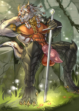 abs animal_genitalia animal_penis anthro balls biceps big_muscles big_penis braided_hair brown_markings chain chained_collar cheek_tuft collar collar_only erection facial_tuft feline_genitalia feline_penis flower fur genitals gold_(metal) gold_chain gold_collar golden_claws golden_fangs grass hair holding_melee_weapon holding_object holding_sword holding_weapon horn huge_muscles looking_at_viewer male markings melee_weapon metal_collar multicolored_hair muscular nude on_rock one_eye_closed orange_hair outside pawpads pecs penis pink_nose pink_pawpads pink_penis plant red_body red_fur rock sitting sitting_on_rock smug solo sword tail teeth tuft two_tone_hair vein veiny_penis weapon white_body white_fur white_hair yellow_eyes yellow_horn sadmishutka_(artist) felid hybrid lion mammal pantherine 2026 colored digital_drawing_(artwork) digital_media_(artwork) hi_res shaded