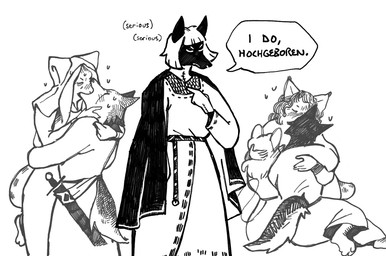 anthro arms_around_neck arms_around_partner barefoot blush bodily_fluids clothed clothed_anthro clothed_female clothed_male clothing feet female female/female fully_clothed fully_clothed_anthro fully_clothed_female fully_clothed_male fur gesture group hair hand_gesture humor kissing male medieval melee_weapon pointing pointing_at_self standing sweat sword tail weapon mia_cain freiin_anna_ostermunzer freiin_franzesca_ostermunzer ljuba resa vesna_(mia_cain) volkher_hackenperger canid canine canis dobermann domestic_dog felid feline lynx mammal mouse murid murine pinscher rodent wolf black_and_white monochrome