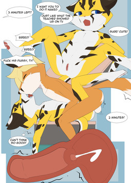 age_difference andromorph andromorph/male andromorph_anthro andromorph_penetrated animal_genitalia animal_penis anthro anthro_on_anthro anthro_penetrated anthro_penetrating anthro_penetrating_anthro balls bent_over black_ears black_markings blonde_hair blue_eyes blush bodily_fluids canine_genitalia canine_penis cervical_penetration cervix classroom clothing cum cum_in_uterus cum_inside dialogue duo eyes_closed from_front_position fur genital_fluids genitals hair internal internal_vaginal intersex intersex/male intersex_anthro intersex_penetrated knot knotted_penis lying male male_anthro male_penetrating male_penetrating_andromorph male_penetrating_intersex markings missionary_position multicolored_body multicolored_fur nude nude_andromorph nude_anthro nude_male older_penetrated on_back open_mouth orange_body orange_fur pawpads paws penetration penile penile_penetration penis penis_in_vagina school sex spread_legs spreading tail text uterus vaginal vaginal_penetration vulva white_balls white_body white_fur yellow_body yellow_fur young young_on_young young_penetrated steel_cat steel_cat_(character) tycloud canid canine domestic_cat felid feline felis fox mammal absurd_res comic english_text hi_res