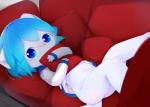 ambiguous_gender anthro blue_eyes blue_hair blush bottomless butt clothed clothing eye_glint fur furniture hair holding_object hug hugging_object kemono looking_at_viewer lying navel on_back pillow shirt sofa solo topwear white_body white_clothing white_fur white_shirt white_topwear young young_anthro aoino spica_(aoino) canid canine canis domestic_dog mammal digital_media_(artwork) hi_res shaded