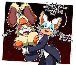 big_breasts bow_tie breasts cheek_tuft cleavage clothed clothing cokored confusion dazed dialogue eyelashes eyeshadow facial_tuft female floppy_ears formal_wear fur grabbing_both_ears green_eyes hair half-closed_eyes hat headgear headwear magic magician makeup narrowed_eyes nipples open_mouth orange_hair short_hair spiral spiral_eyes suitcoat tan_body text top_hat tuft white_hair yellow_body yellow_fur chabble sega sonic_the_hedgehog_(series) rouge_the_bat vanilla_the_rabbit bat lagomorph mammal english_text hi_res