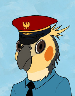 anthro beak black_necktie blue_background blue_clothing blue_shirt blue_topwear brown_eyes clothing emblem feathered_crest feathers grey_beak grey_body grey_feathers hat head_crest headgear headwear looking_at_viewer male necktie orange_body orange_feathers peaked_cap red_clothing red_hat red_headwear shirt simple_background solo topwear yellow_body yellow_feathers benek_(furaffinity) dima_(electrotiel) avian bird cockatiel cockatoo parrot true_parrot colored digital_drawing_(artwork) digital_media_(artwork) hi_res portrait