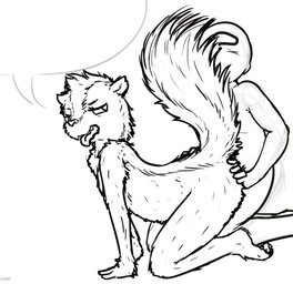 all_fours anthro doggystyle duo female from_behind_position human_on_anthro interspecies looking_back male male/female nude open_mouth penetration sex simple_background solo_focus tongue tongue_out alliums_(artist) anon human mammal mephitid skunk black_and_white hi_res monochrome