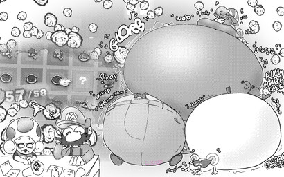belly big_belly breasts clothing female feral group hat headgear headwear huge_belly hyper hyper_belly male obese overweight sound_effects text weight_gain blahblah866 mario_bros nintendo paper_mario paper_mario:_the_thousand_year_door goombella mario ms._mowz vivian_(mario) zess_t. goomba human mammal mouse murid murine rodent shadow_siren toad_(mario) 2024 digital_media_(artwork) hi_res