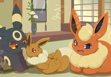 ambiguous_gender angry black_body black_fur feral fur group inside kemono open_mouth orange_body orange_eyes orange_fur red_eyes scruff trio hirochanu nintendo pokemon eevee eeveelution flareon generation_1_pokemon generation_2_pokemon pokemon_(species) umbreon 2026 distracting_watermark hi_res watermark