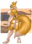 anthro back_muscles black_nose black_sclera blue_eyes breasts butt claws female fluffy fluffy_tail fur genitals gloves_(marking) leg_markings looking_at_viewer looking_back markings muscular muscular_anthro muscular_female nipples nude pussy rear_view smile socks_(marking) solo standing tail toe_claws tongue tongue_out yellow_body yellow_fur thunder-renamon bandai_namco digimon canid canine digimon_(species) mammal renamon 2015 digital_media_(artwork) hi_res