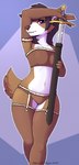 4_fingers anthro arms_above_head bottomwear breasts brown_body brown_clothing brown_fur brown_legwear brown_panties brown_topwear brown_underwear clothing female fingers fur holding_object holding_weapon inner_ear_fluff leather leather_bottomwear leather_clothing leather_legwear leather_panties leather_topwear leather_underwear legwear melee_weapon midriff navel panties pupils purple_eyes solo standing sword tail topwear tuft underwear weapon white_body white_fur stefano_d'angelo book_of_lust cassandra_hart canid canine canis mammal wolf