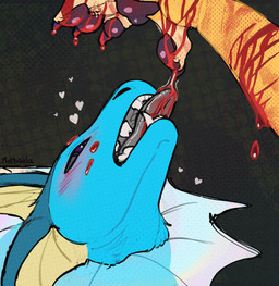 ambiguous_gender anthro blood blood_drip blood_in_mouth blood_on_face blush blush_lines bodily_fluids claws drinking drinking_blood dripping duo gore heart_symbol open_mouth pawpads self-harm teeth tongue tongue_out mothaala nintendo pokemon lazyzim_(mothaala) vodka_(mothaala) eeveelution generation_1_pokemon jolteon pokemon_(species) vaporeon hi_res brother_(lore) brothers_(lore) incest_(lore) sibling_(lore)
