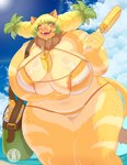 anthro areola areola_slip bag big_breasts bikini blonde_hair blush breasts brown_ears butt clothing cloud curvy_figure day dutch_angle female food food_between_breasts freckled_butt freckled_legs freckled_shoulders freckled_thighs freckles fur glistening glistening_body green_hair hair holding_food holding_object holding_popsicle huge_breasts long_hair looking_at_viewer navel neck_tuft open_mouth overweight pattern_bikini pattern_clothing pattern_swimwear popsicle sky smile solo striped_bikini striped_clothing striped_swimwear stripes swimwear tail tail_tuft thick_thighs tuft twintails_(hairstyle) two-piece_swimsuit voluptuous white_bikini white_clothing white_swimwear wide_hips yellow_bikini yellow_body yellow_clothing yellow_fur yellow_swimwear sasanoha6011 domestic_pig mammal suid suina sus_(pig) absurd_res hi_res