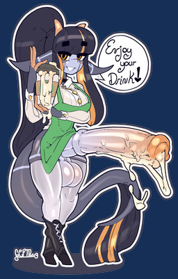 animal_genitalia animal_penis anthro apron balls big_balls big_breasts big_penis biped black_boots black_clothing black_footwear black_hair black_tail bodily_fluids boots breasts clothed clothing container cum cum_drip cum_in_a_cup cum_in_container cum_strand cup dialogue dipstick_tail dripping ear_markings equine_genitalia equine_penis erection fingerless_(marking) fingers footwear front_view genital_fluids genitals glistening glistening_balls glistening_body glistening_genitalia glistening_hair glistening_penis glistening_skin green_apron green_clothing grey_body grey_ears grey_markings grey_penis grey_skin grey_tail grin gynomorph hair highlights_(coloring) holding_container holding_cup holding_object hooves horn huge_penis humanoid_hands intersex leg_markings legwear long_hair long_tail looking_at_viewer markings medial_ring multicolored_body multicolored_ears multicolored_hair multicolored_penis multicolored_skin multicolored_tail orange_eyes orange_hair orange_highlights orange_horn orange_penis orange_tail pantsless penis ponytail pupils shirt shoes simple_background smile solo speech_bubble standing tail tail_markings tail_tuft text thigh_highs three-quarter_view topwear transparent_background tuft two_tone_body two_tone_ears two_tone_hair two_tone_penis two_tone_skin white_clothing white_legwear white_shirt white_thigh_highs white_topwear gcfmug elena_longth bovid mammal 2022 alpha_channel archived_source colored digital_media_(artwork) english_text full-length_portrait hi_res portrait shaded signature